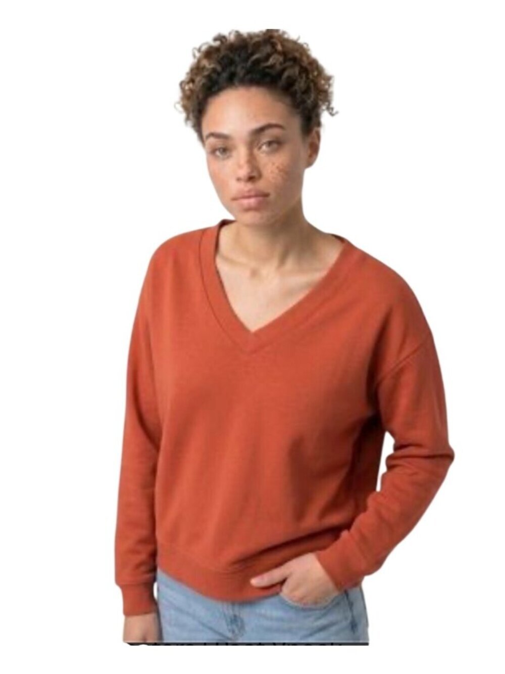 Pact Calla Courtside Organic Cotton V-Neck Sweatshirt rust red women’s Medium